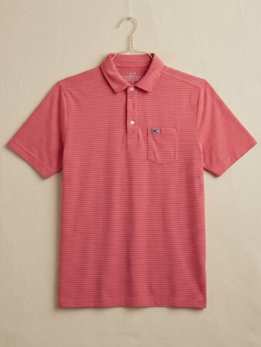 Boy's Vineyard Vines Coral Red Striped Polo with Chest Pocket